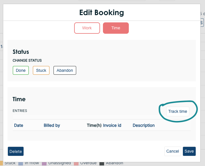 Screenshot of the booking, showing the button to start tracking your time