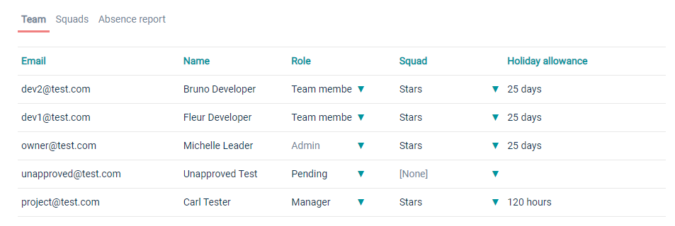 Screenshot showing a list of team members, with roles, squads, and holiday allowance